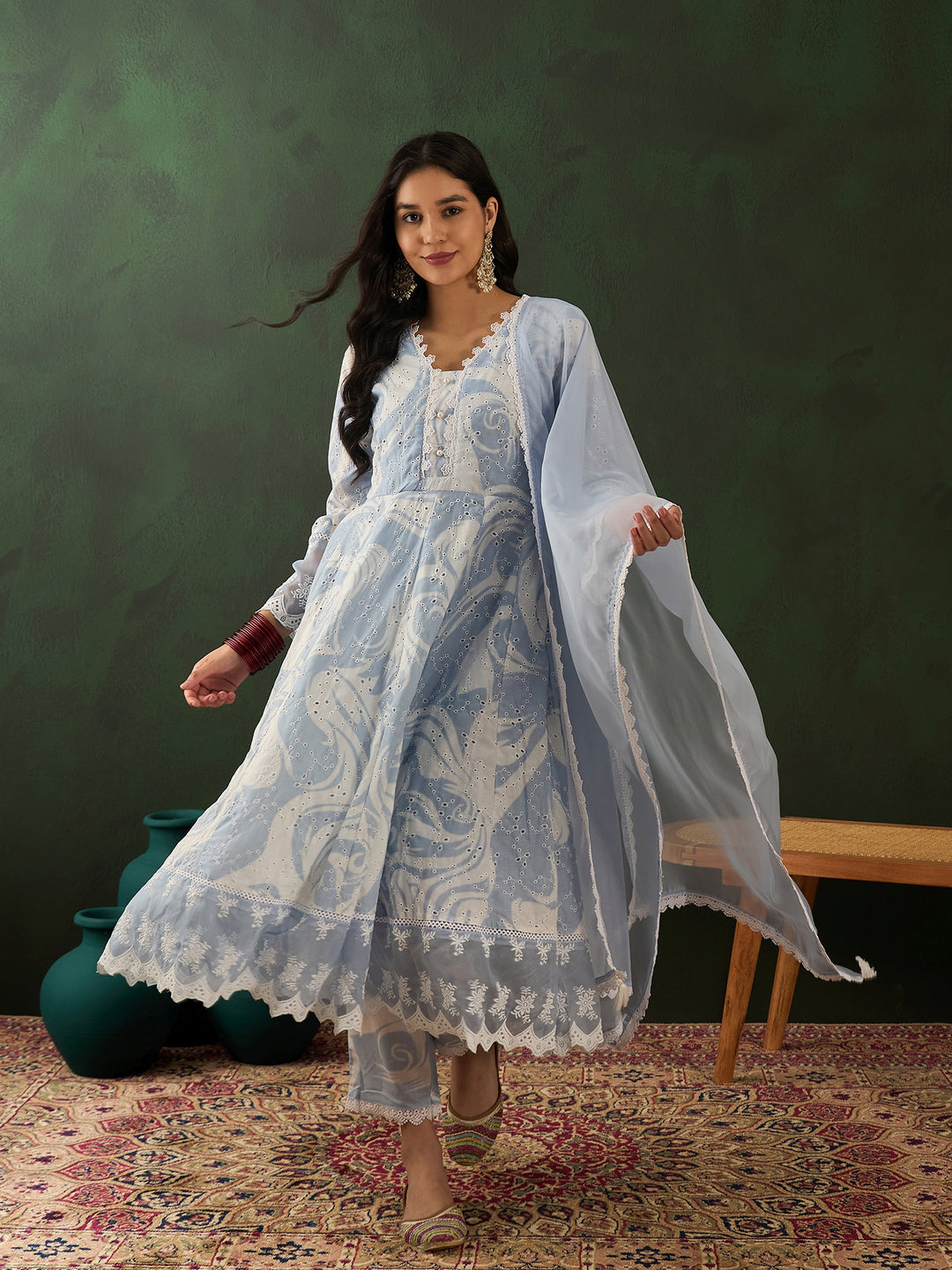 BLUE COLOR COTTON BLEND PURE COTTON EMBROIDERED KURTA SET