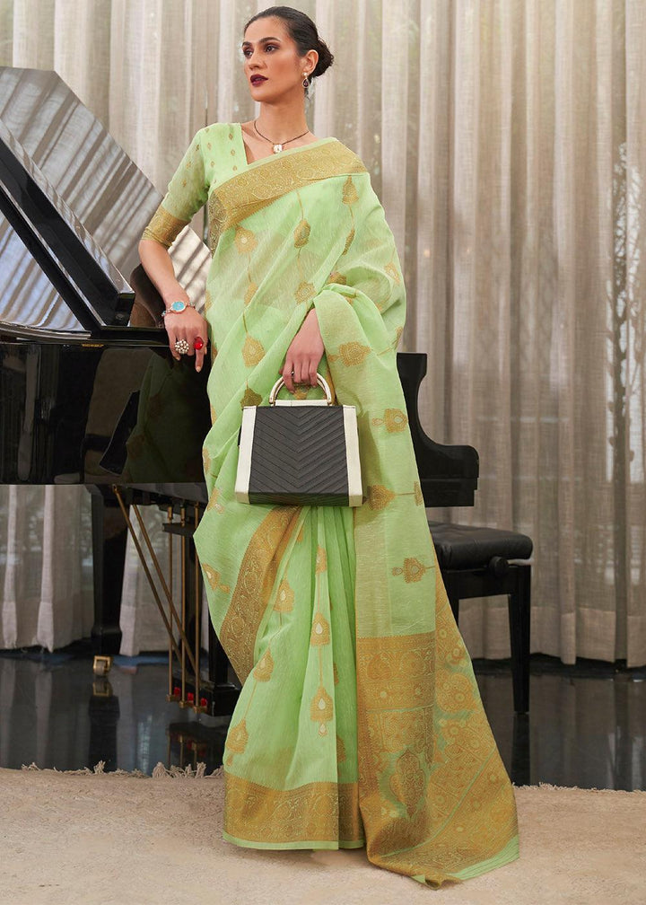 Kelly Green Copper Zari Woven Linen Silk Saree | Stitched Blouse - qivii