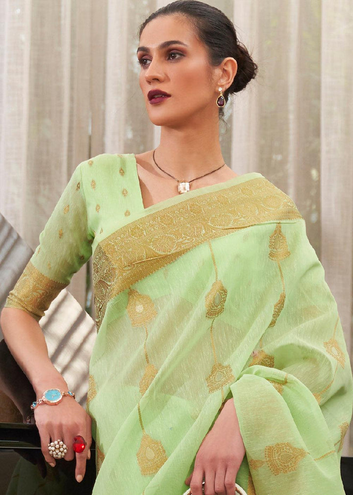 Kelly Green Copper Zari Woven Linen Silk Saree | Stitched Blouse - qivii