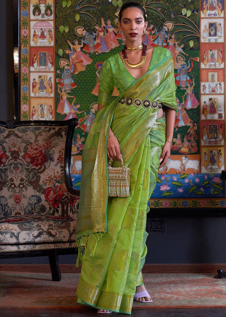 Kelly Green Handloom Woven Dual Tone Organza Silk Saree with Sequins Work | Stitched Blouse - qivii