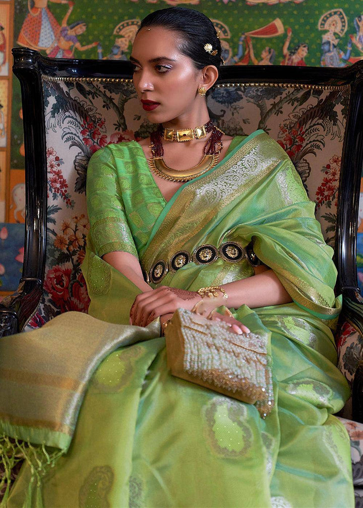 Kelly Green Handloom Woven Dual Tone Organza Silk Saree with Sequins Work | Stitched Blouse - qivii