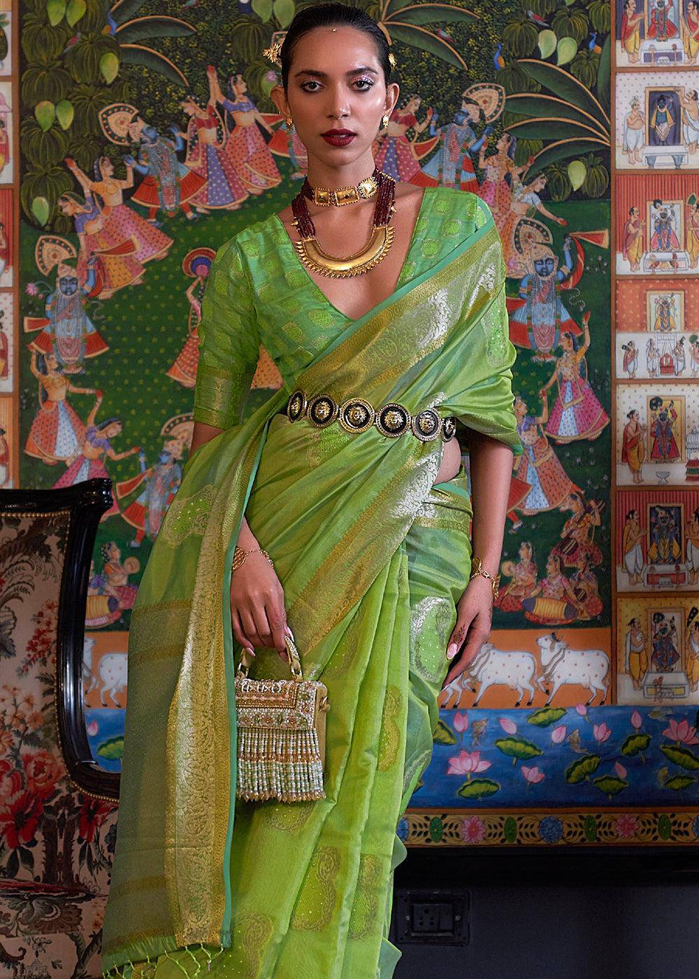 Kelly Green Handloom Woven Dual Tone Organza Silk Saree with Sequins Work | Stitched Blouse - qivii