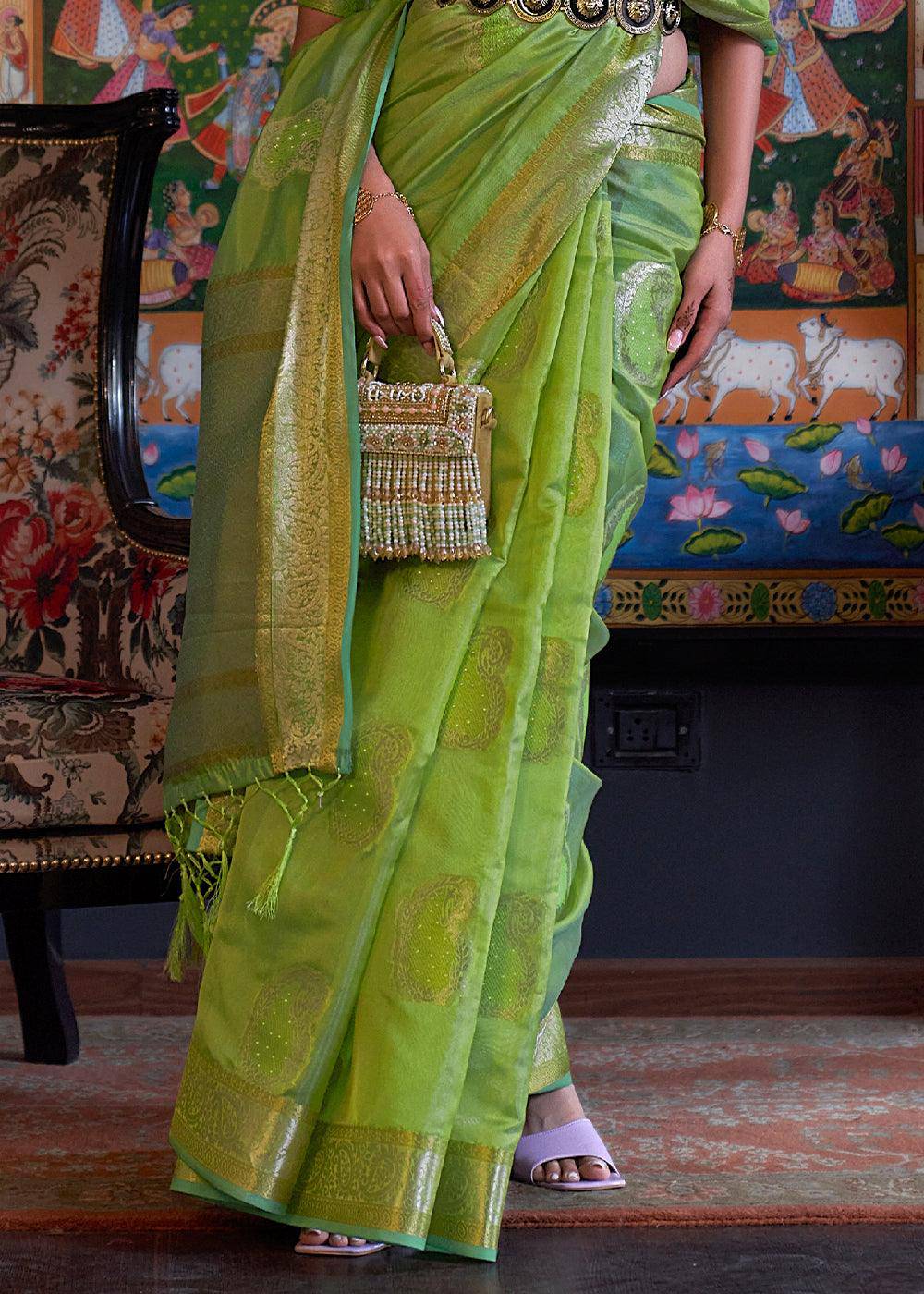 Kelly Green Handloom Woven Dual Tone Organza Silk Saree with Sequins Work | Stitched Blouse - qivii