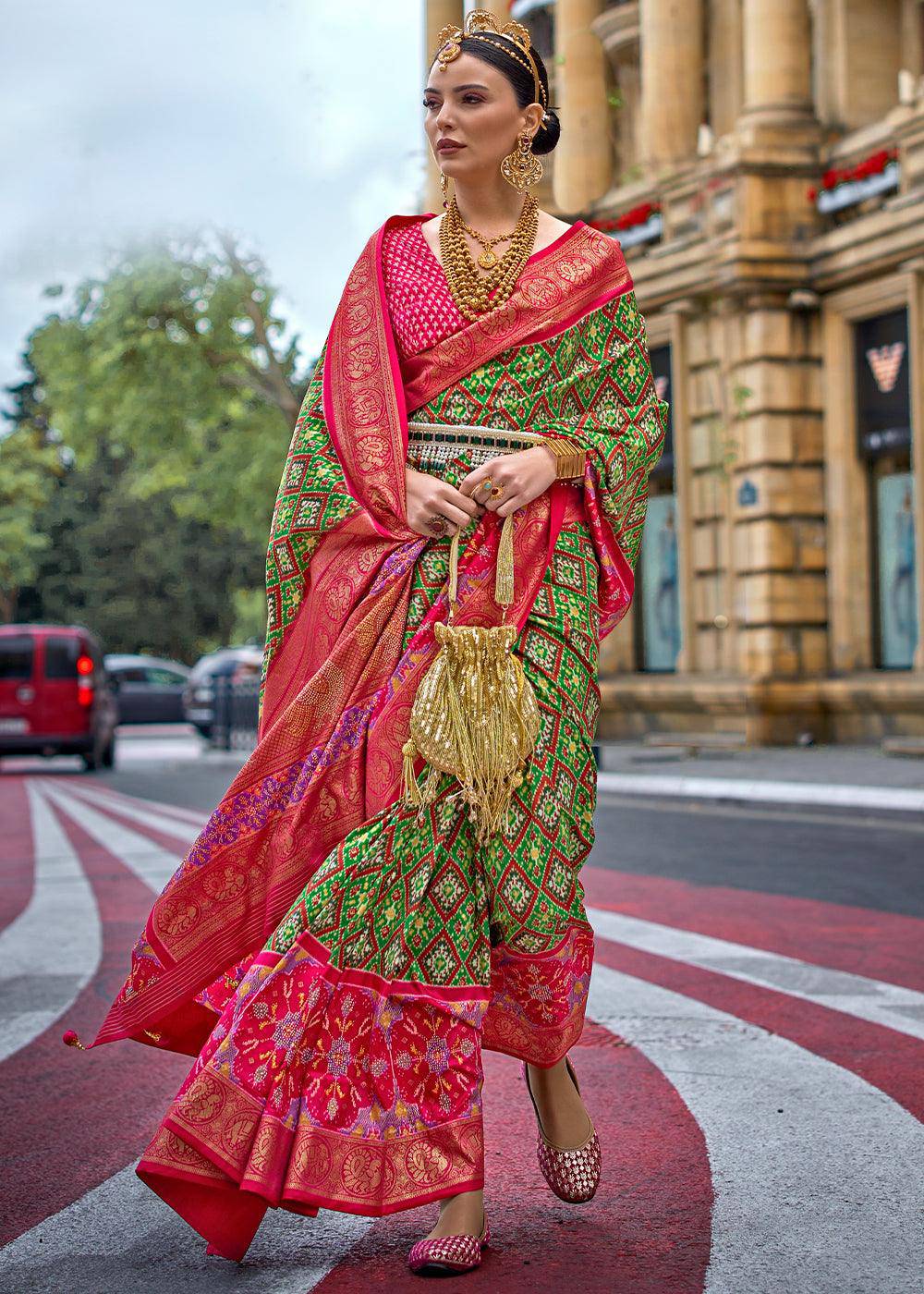 Kelly Green Patola Printed Viscose Silk Saree | Stitched Blouse - qivii