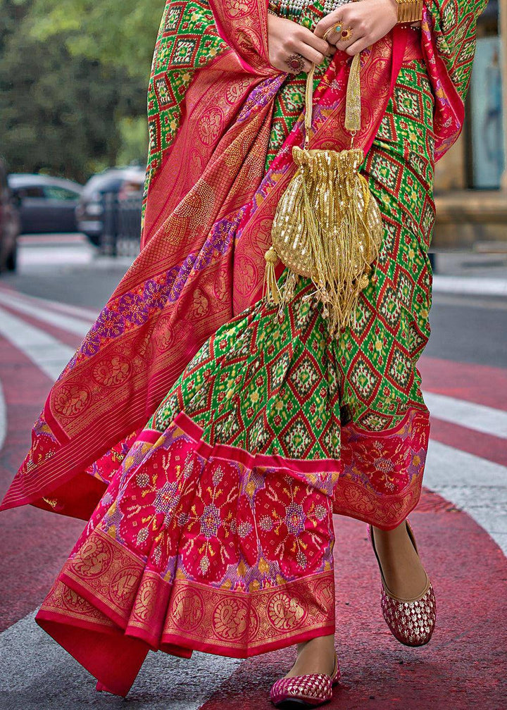 Kelly Green Patola Printed Viscose Silk Saree | Stitched Blouse - qivii