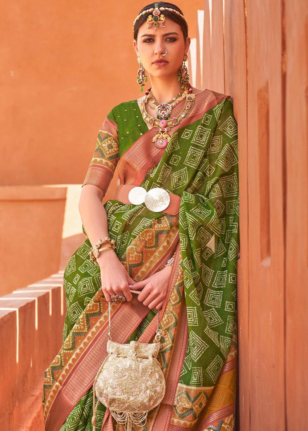 Kelly Green Printed Cotton Silk Saree | Stitched Blouse - qivii