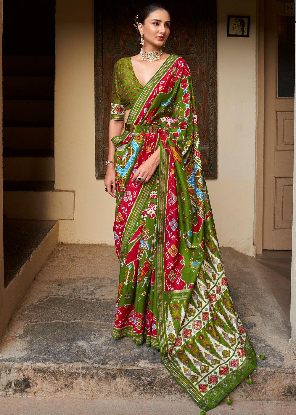 Kelly Green Printed Patola Silk Saree with Zari Border & Tassels on Pallu | Stitched Blouse - qivii