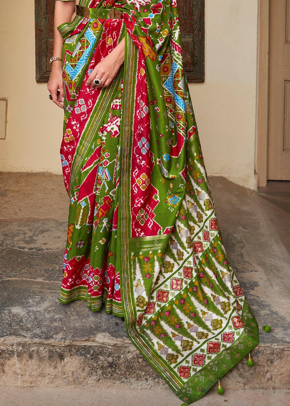 Kelly Green Printed Patola Silk Saree with Zari Border & Tassels on Pallu | Stitched Blouse - qivii