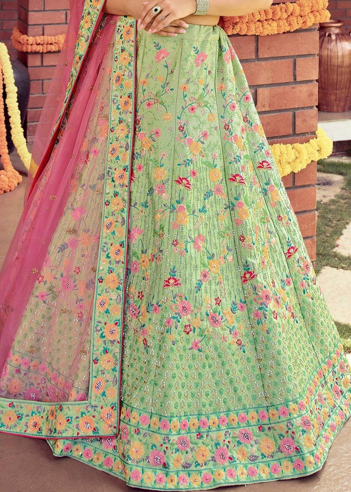 Kelly Green Raw Silk Lehenga Choli with Sequins, Resham & Zarkan work - qivii