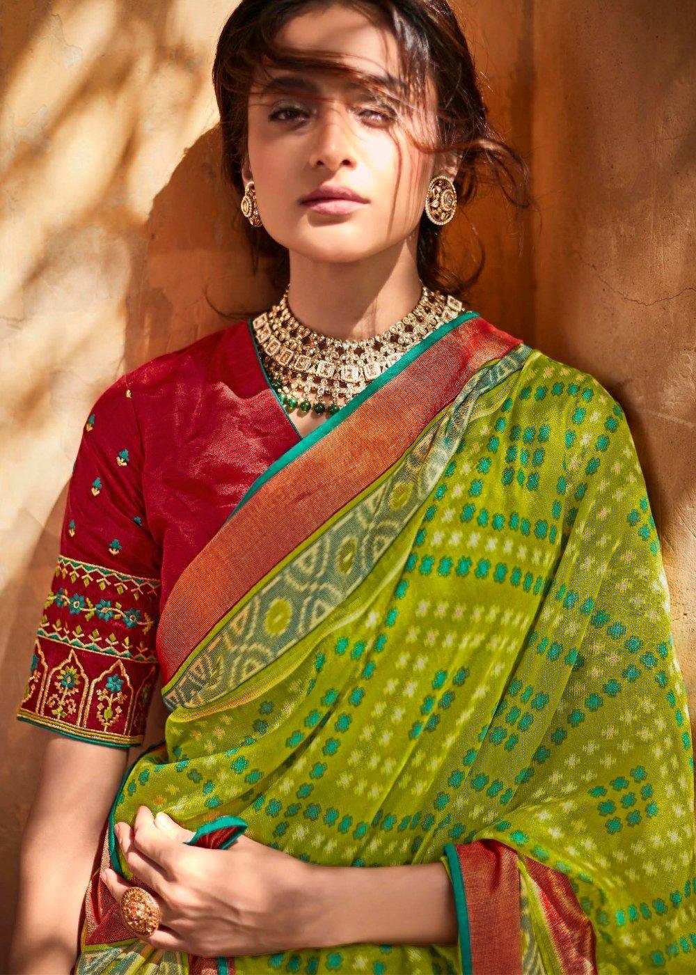 Kelly Green Soft Silk Saree with Embroidered Blouse | Stitched Blouse - qivii