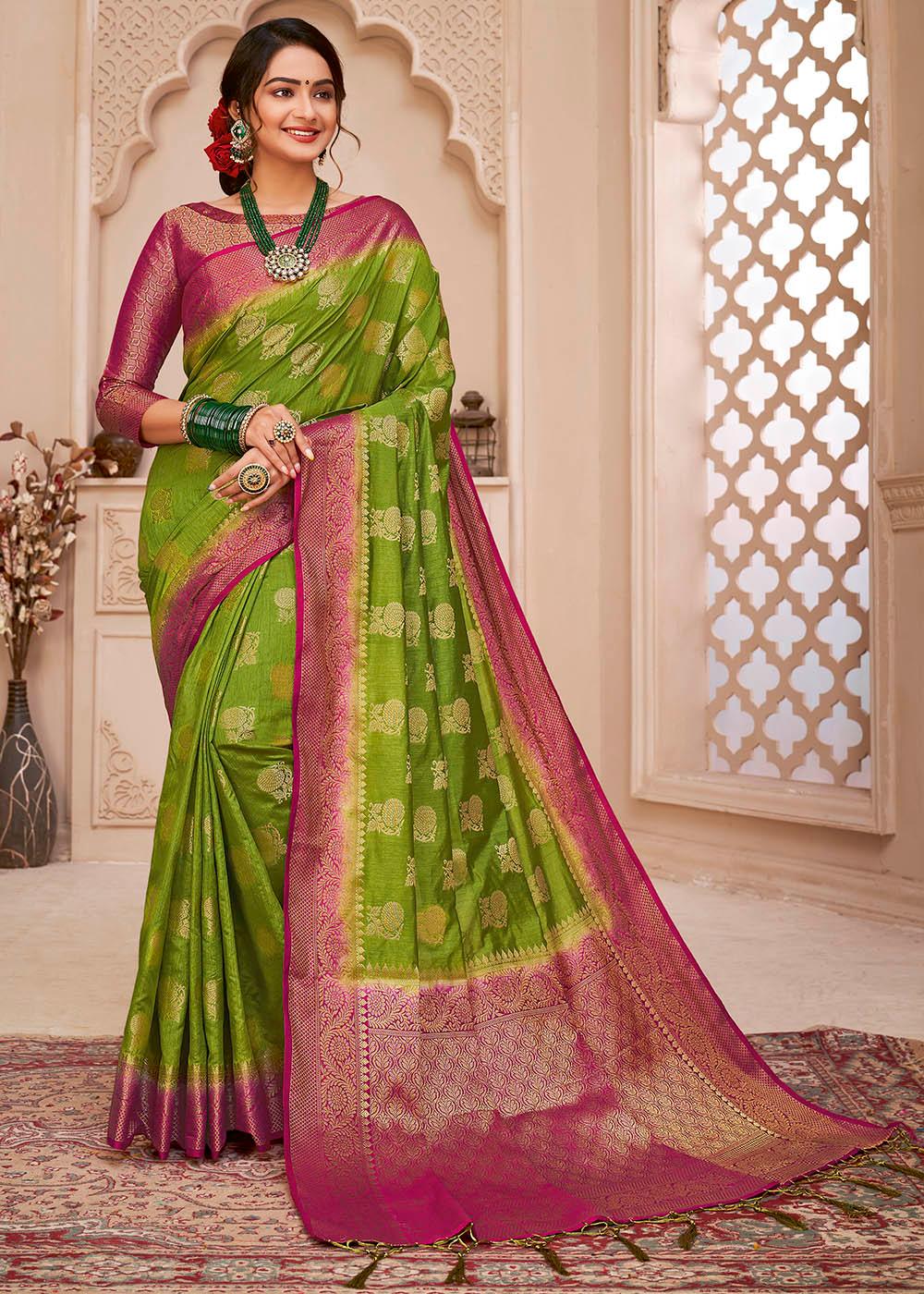 Kelly Green Woven Banarasi Silk Saree with Overall Butti work | Stitched Blouse - qivii