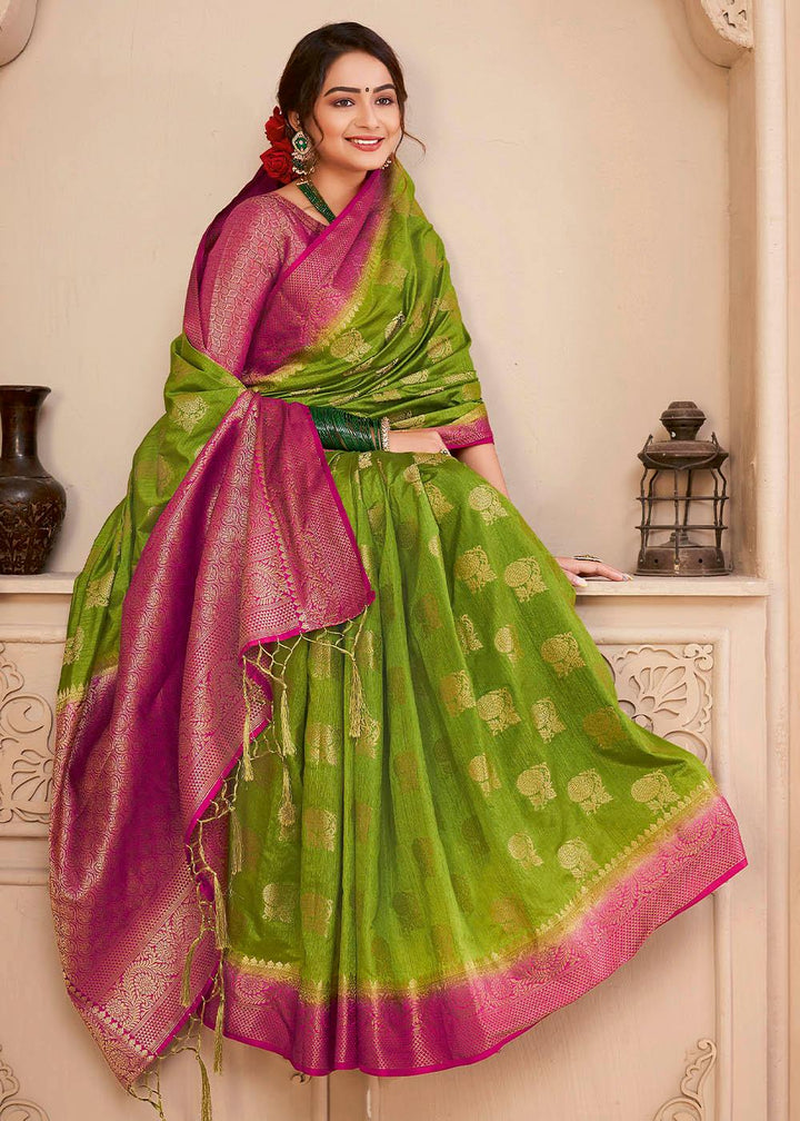 Kelly Green Woven Banarasi Silk Saree with Overall Butti work | Stitched Blouse - qivii