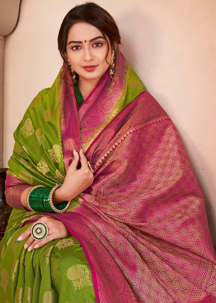 Kelly Green Woven Banarasi Silk Saree with Overall Butti work | Stitched Blouse - qivii