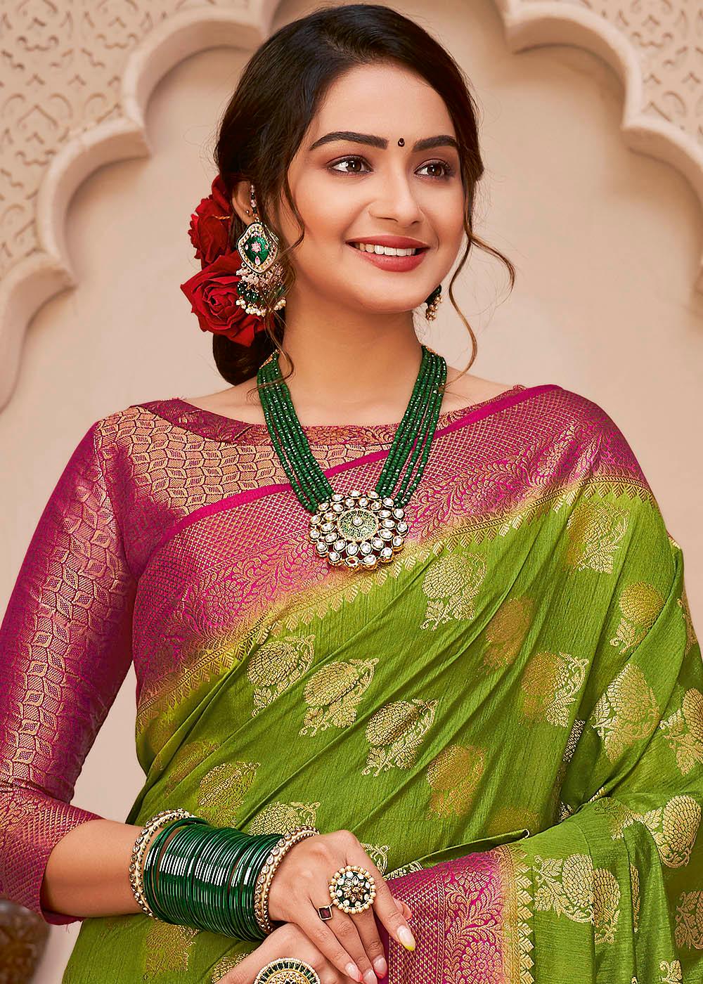 Kelly Green Woven Banarasi Silk Saree with Overall Butti work | Stitched Blouse - qivii