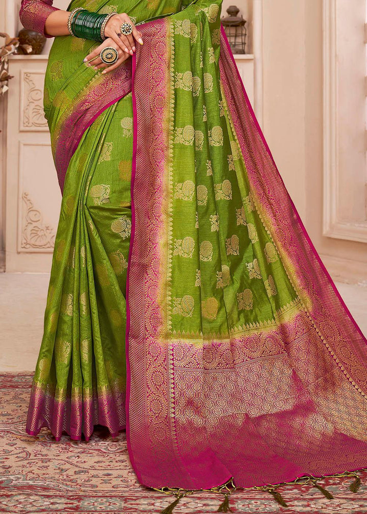 Kelly Green Woven Banarasi Silk Saree with Overall Butti work | Stitched Blouse - qivii