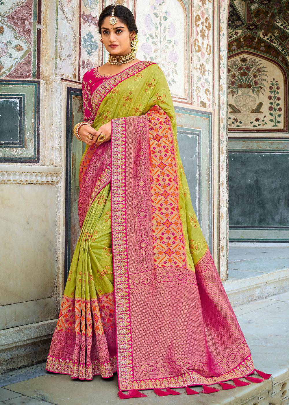 Kelly Green Woven Dola Silk Saree with Embroidered Blouse | Stitched Blouse - qivii