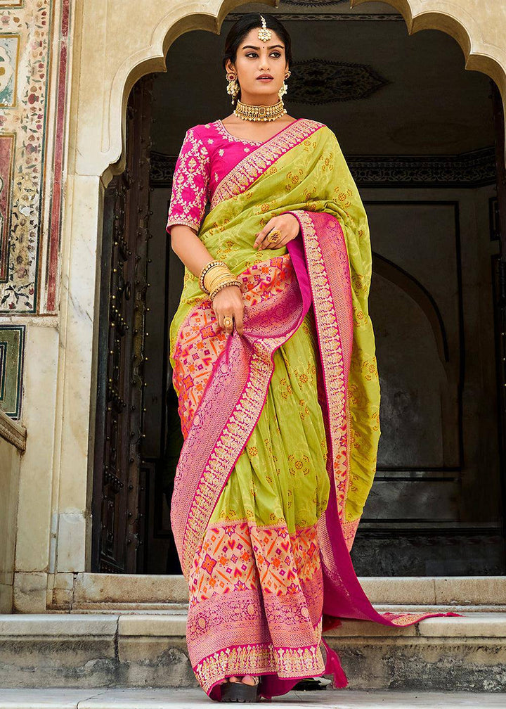 Kelly Green Woven Dola Silk Saree with Embroidered Blouse | Stitched Blouse - qivii