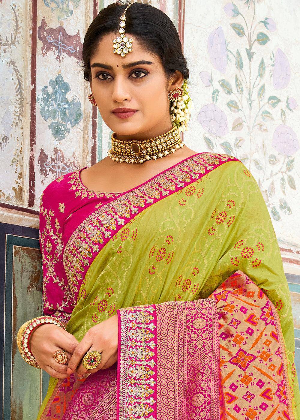 Kelly Green Woven Dola Silk Saree with Embroidered Blouse | Stitched Blouse - qivii