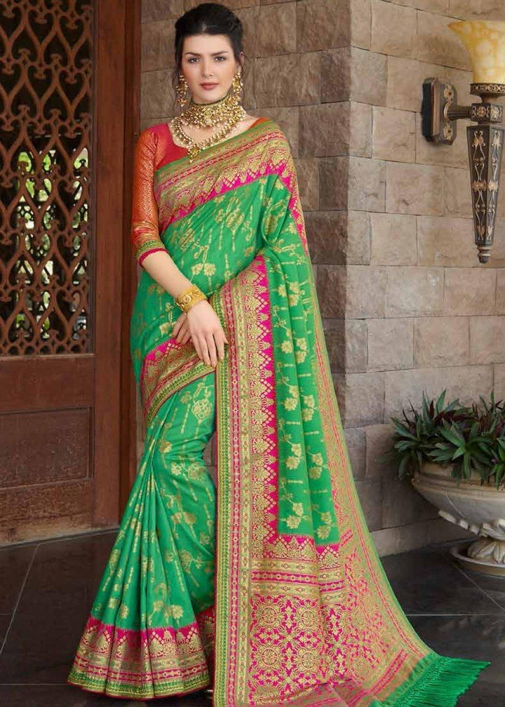 Kelly Green Zari Woven Banarasi Silk Saree with Brocade Blouse | Stitched Blouse - qivii