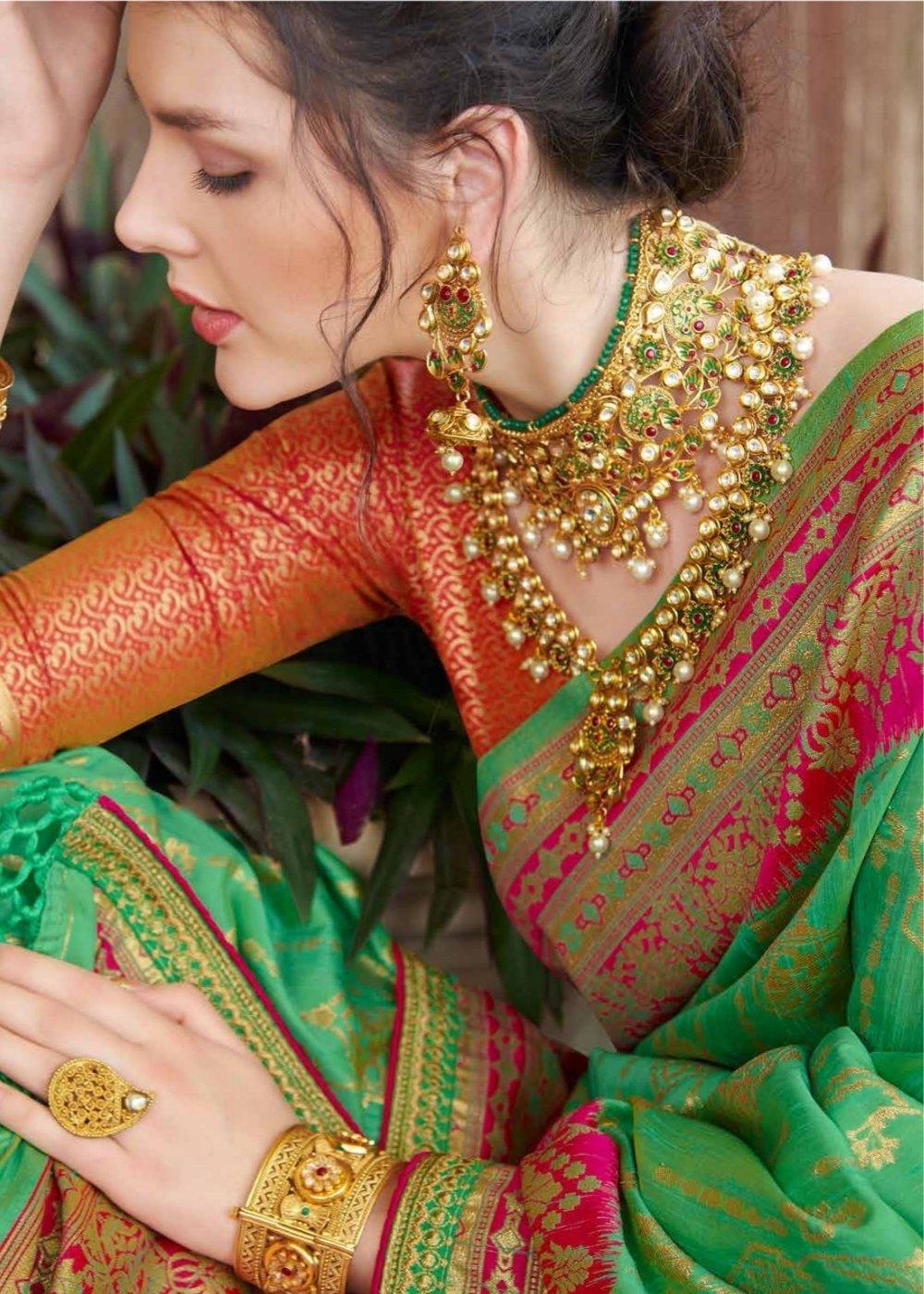 Kelly Green Zari Woven Banarasi Silk Saree with Brocade Blouse | Stitched Blouse - qivii