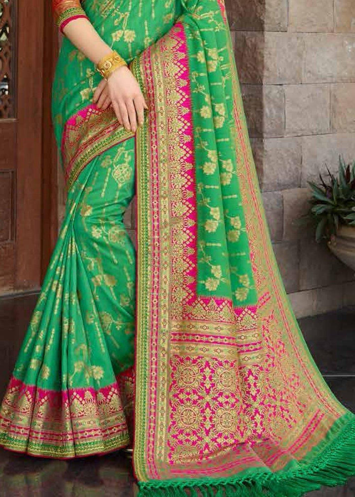 Kelly Green Zari Woven Banarasi Silk Saree with Brocade Blouse | Stitched Blouse - qivii