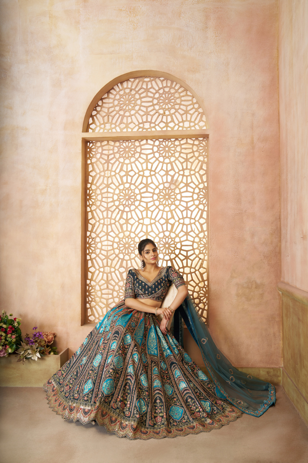 Blue Aari Embroidered Banarasi Lehenga for Brides - qivii
