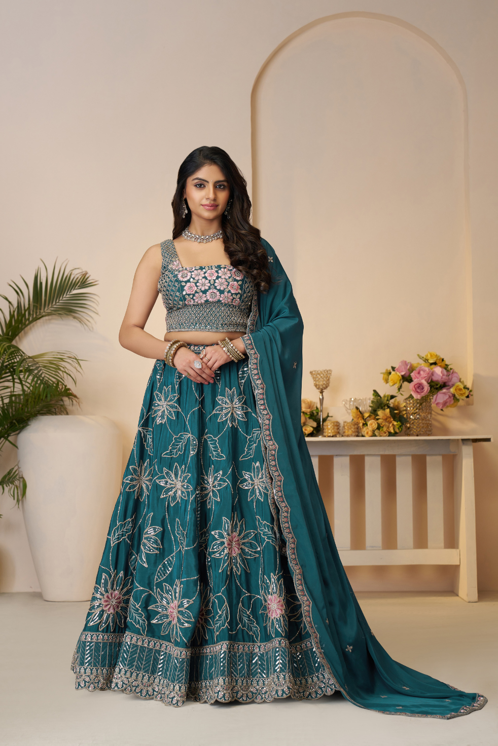 Blue Bridesmaid Lehenga with Sequin Shine and Floral Embellishments - qivii