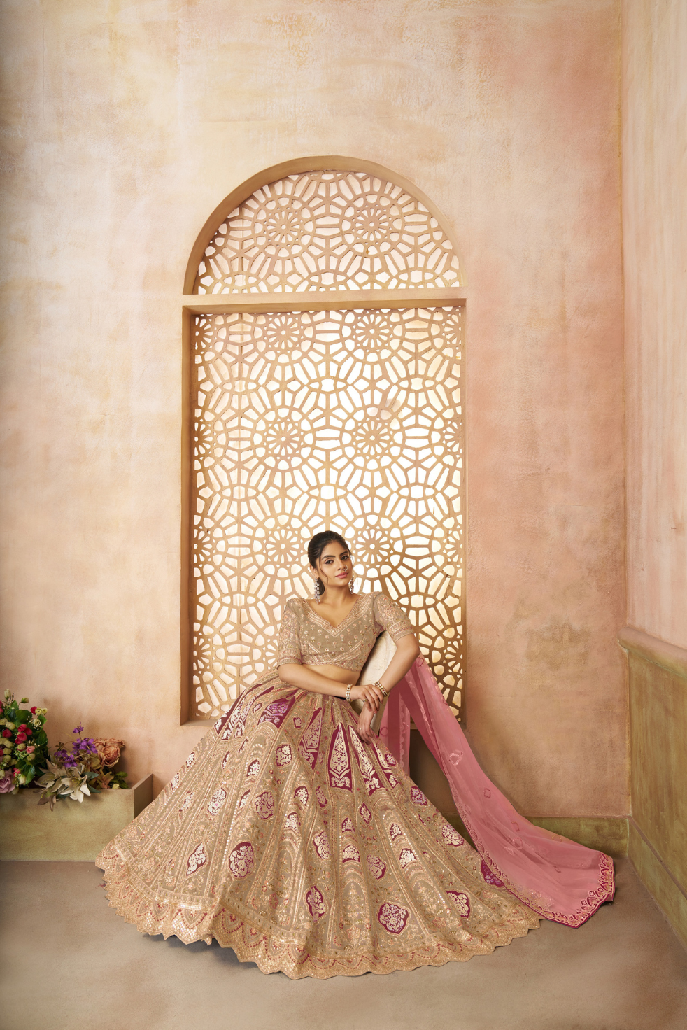 Champagne Chiku Aari Embroidered Banarasi Lehenga - qivii