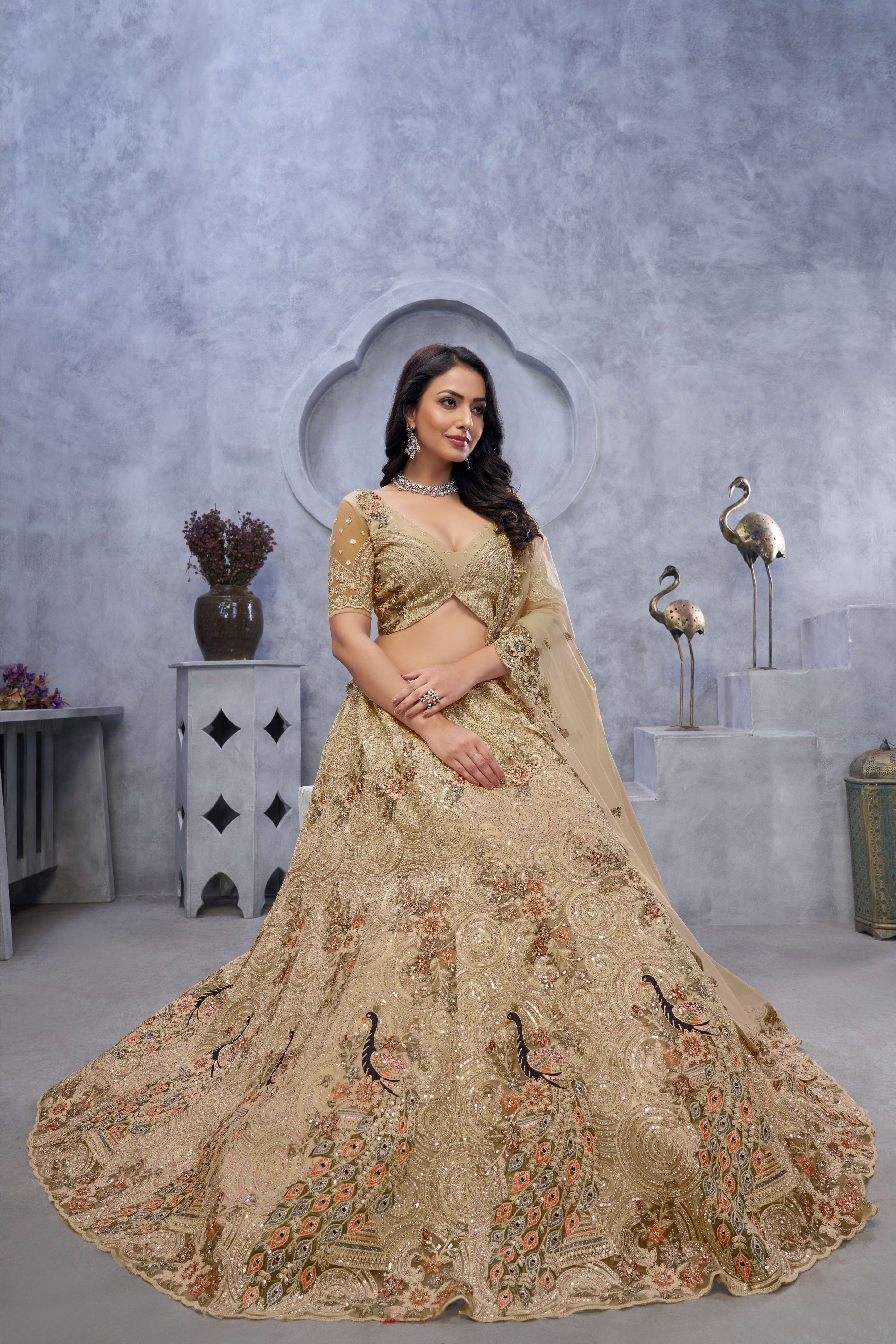 Golden Sangeet Lehenga Choli with Alluring Bel Butti Pattern - qivii