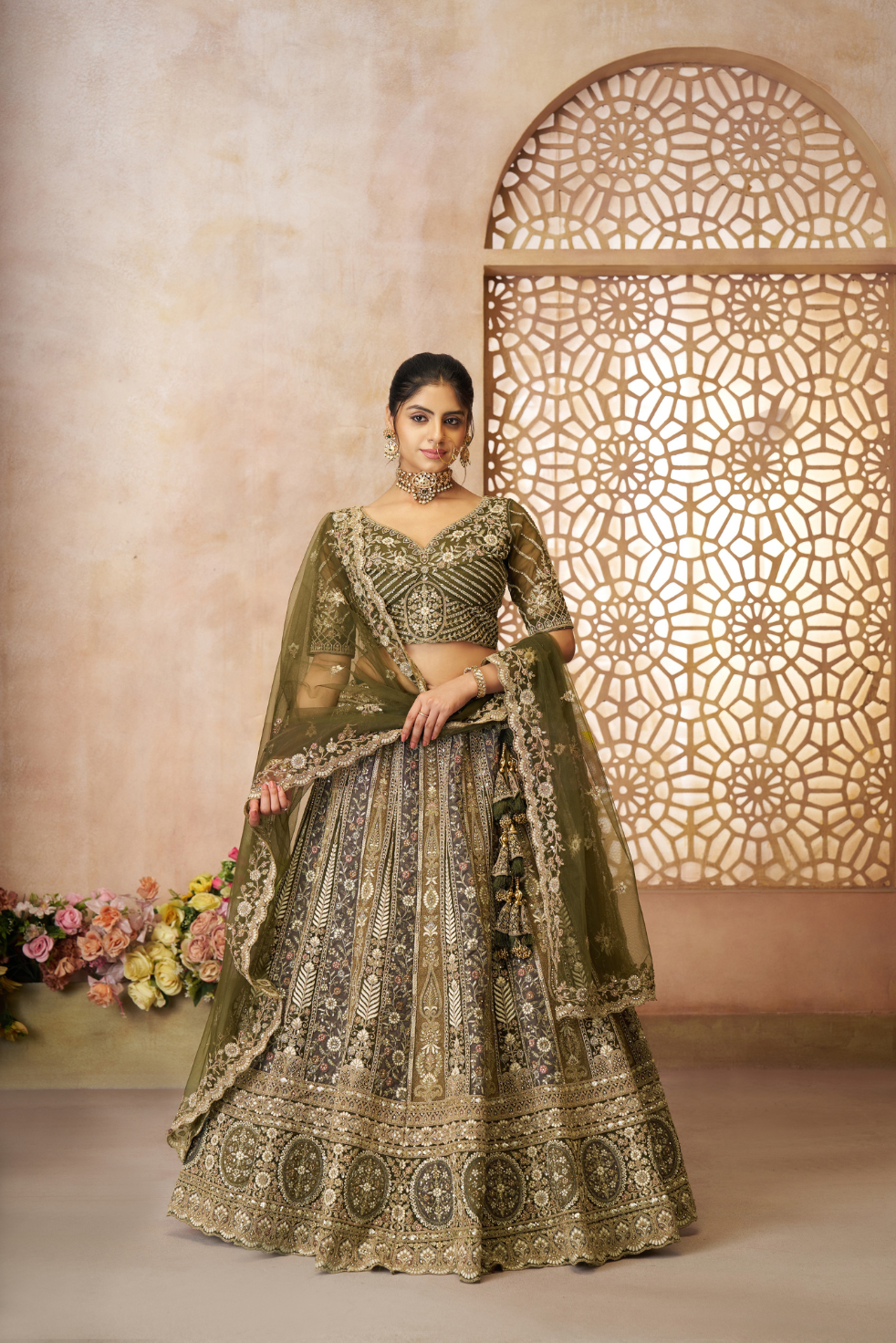 Grandeur Green Bridal Lehenga with Intricate Details - qivii