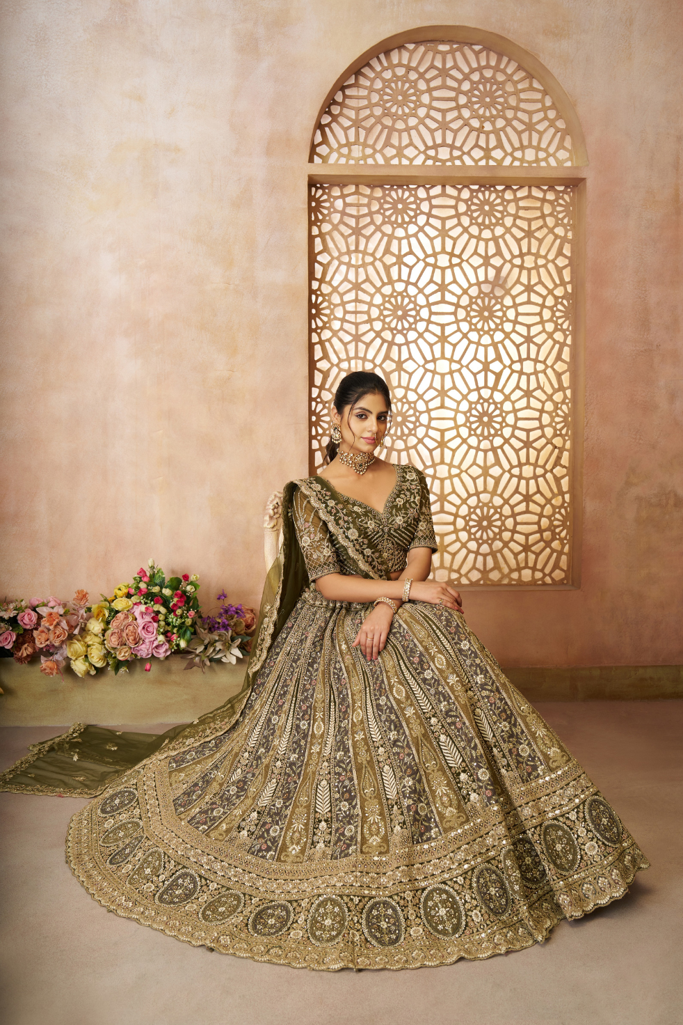 Grandeur Green Bridal Lehenga with Intricate Details - qivii