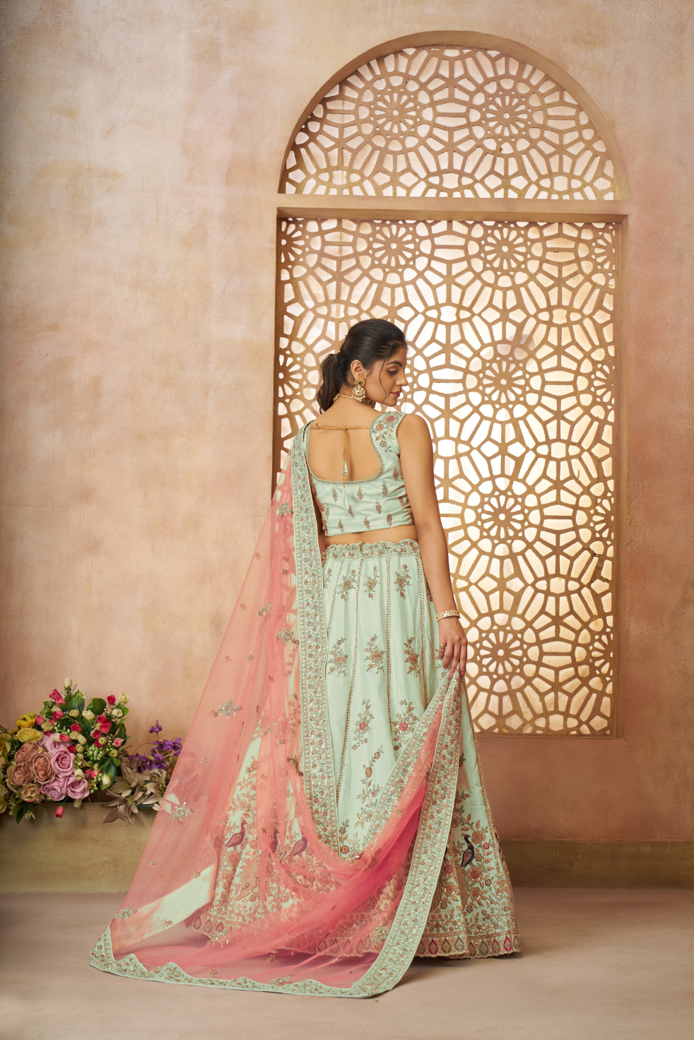 Green Zari Weaving Silk Wedding Lehenga Choli with Dupatta - qivii