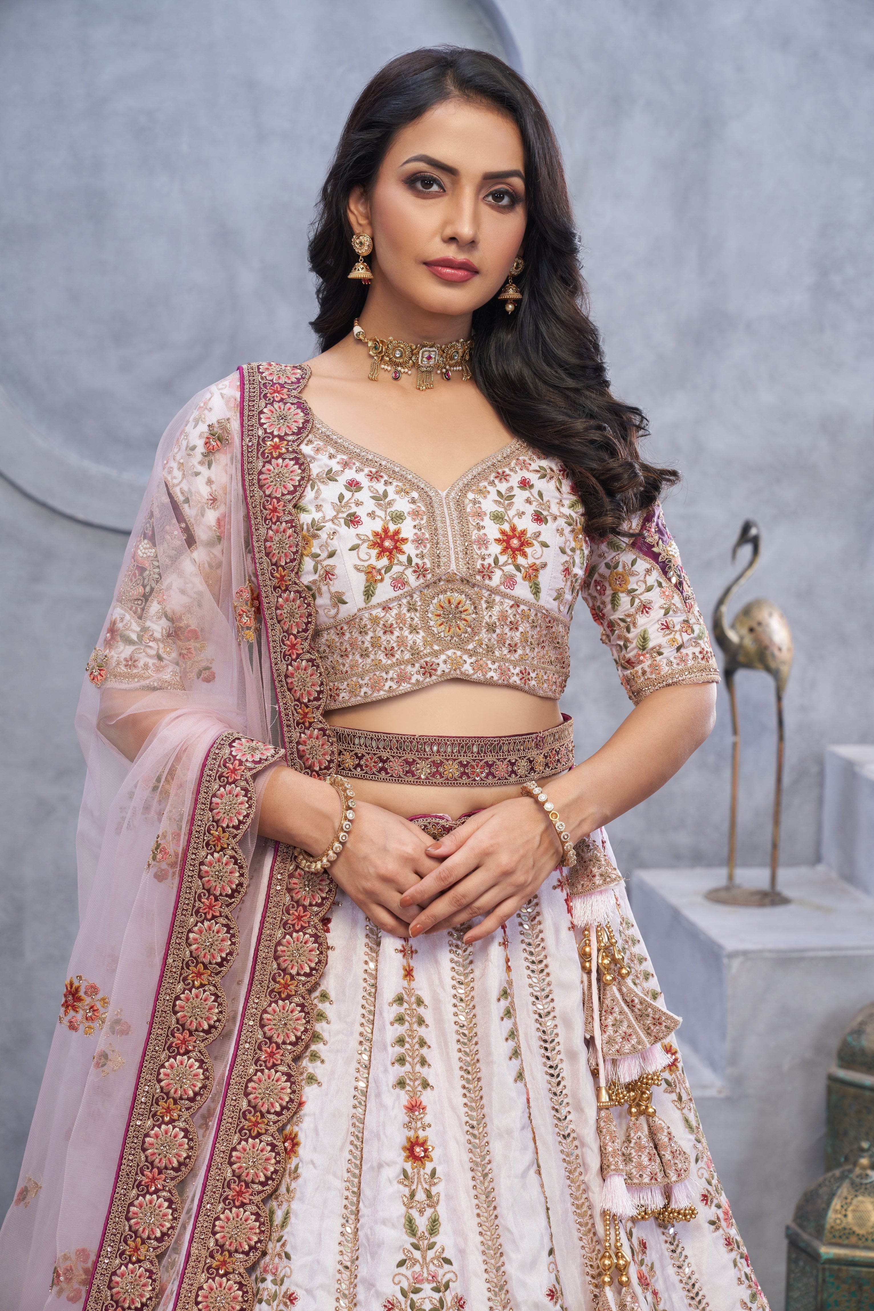 Light Purple Bridal Lehenga Zari Embroidery and Peacock Motifs - qivii