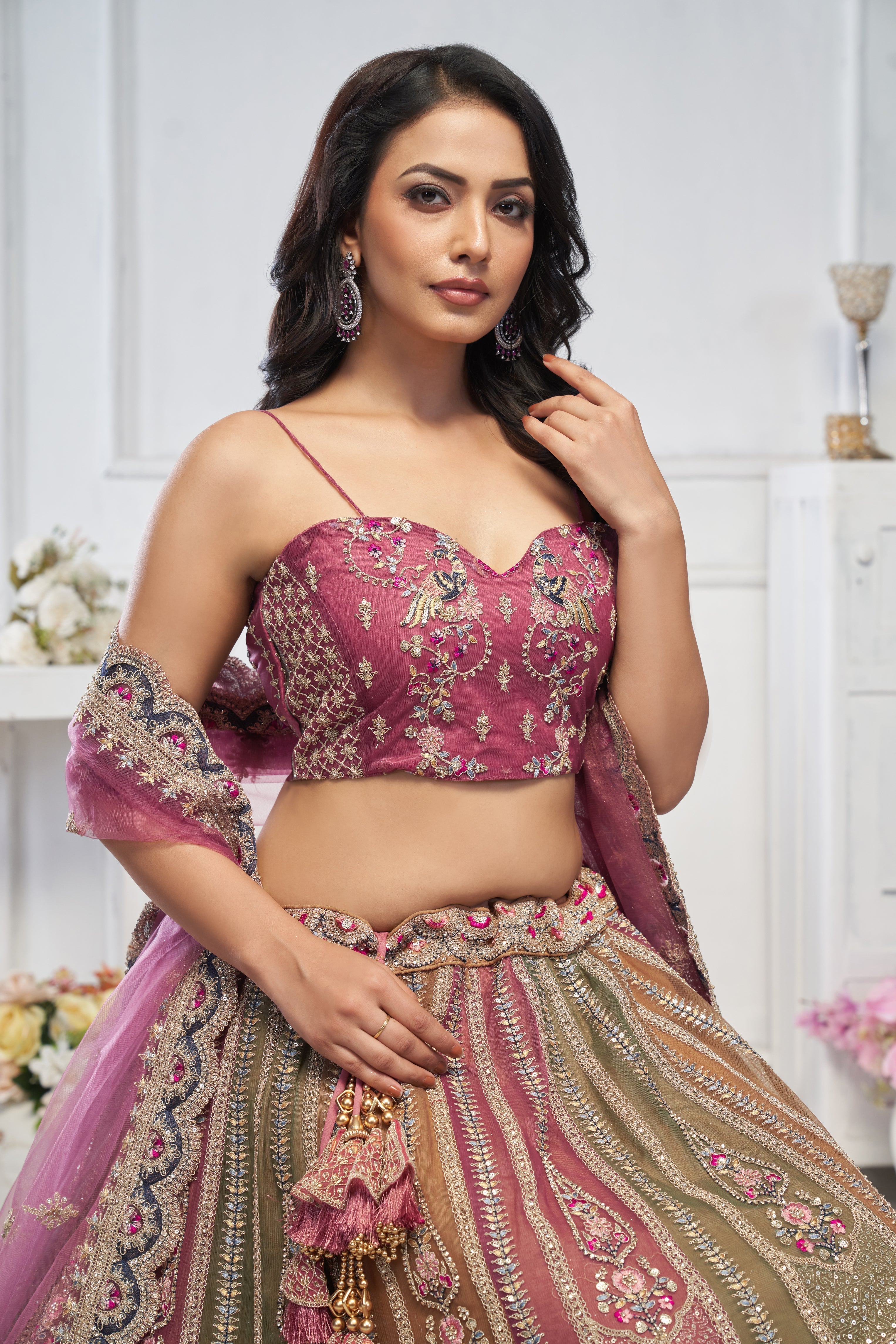 Majestic Multi-Color Zari Weaving Net Lehenga Choli With Dupatta - qivii
