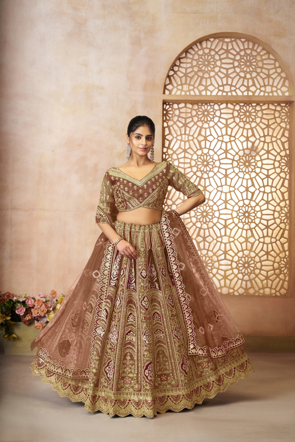 Mocha/Coffee Color Aari Embroidered Banarasi Lehenga for Brides - qivii