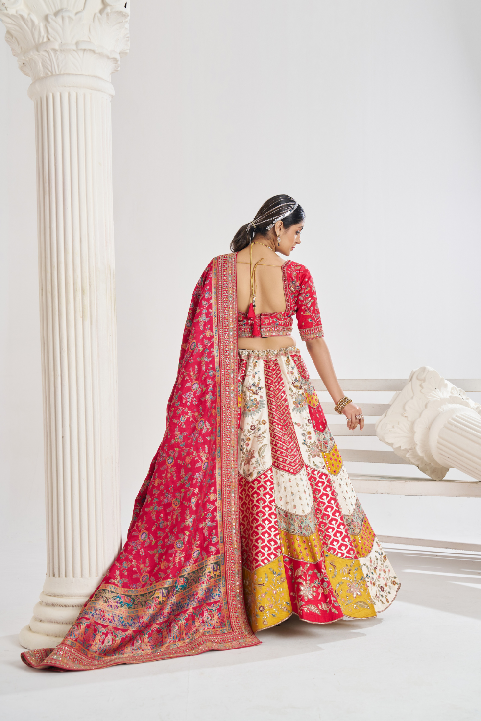 Multicolor Banarsi Mosaic Bridal Lehenga with Scalloped Design - qivii