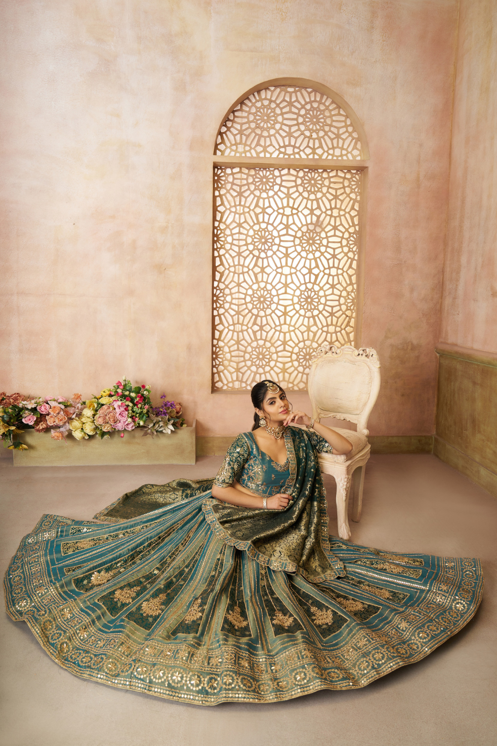 Regal Green Tissue Base Bridal Lehenga with Banarasi Patches and Zari Work - qivii