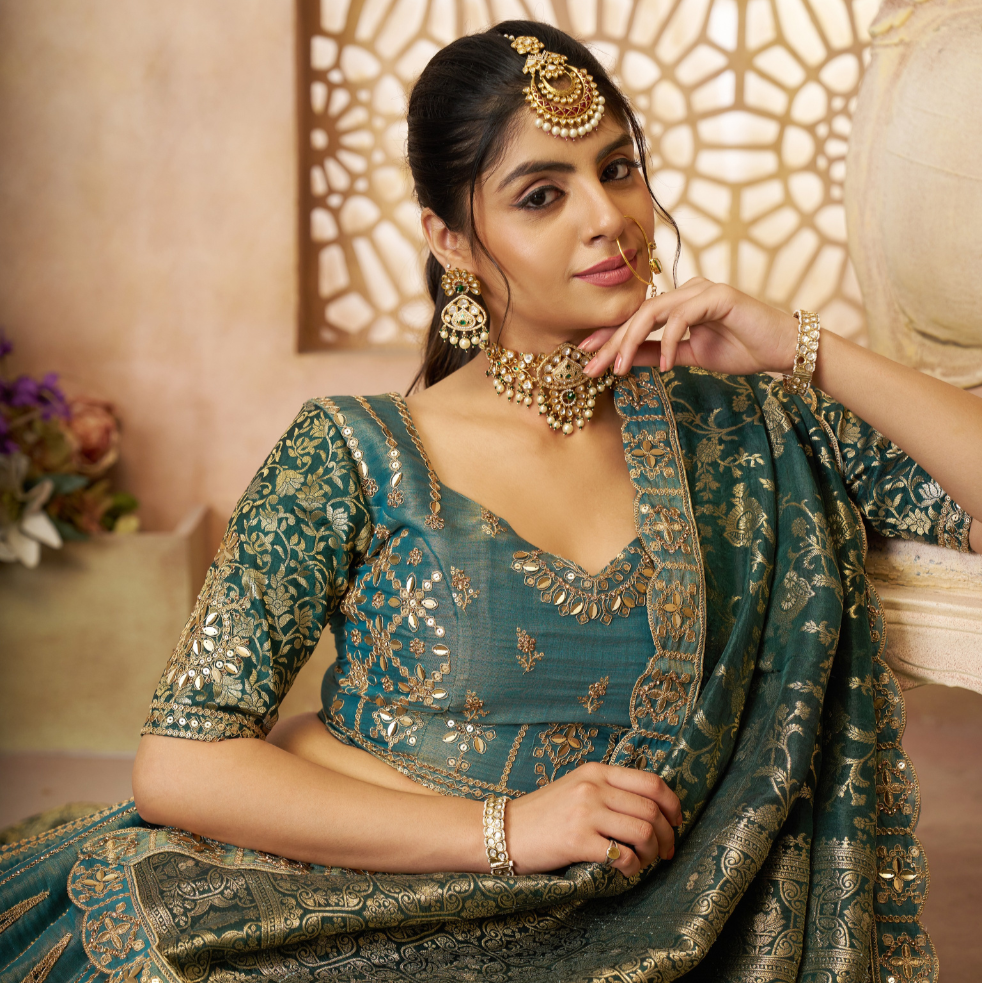 Regal Green Tissue Base Bridal Lehenga with Banarasi Patches and Zari Work - qivii