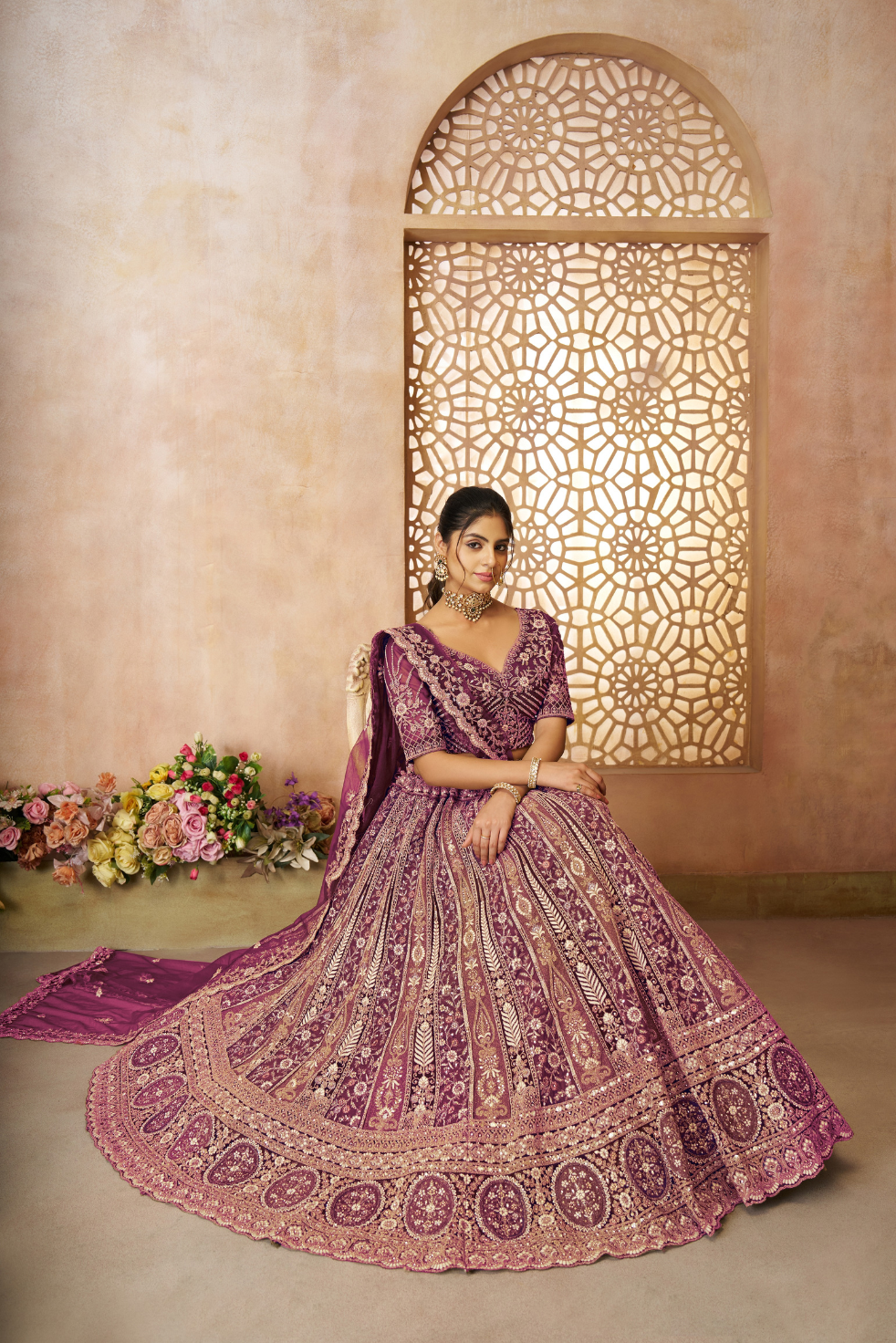 Royal Grandeur Purple Soft Net Bridal Lehenga with Paisley & Peacock Motifs - qivii
