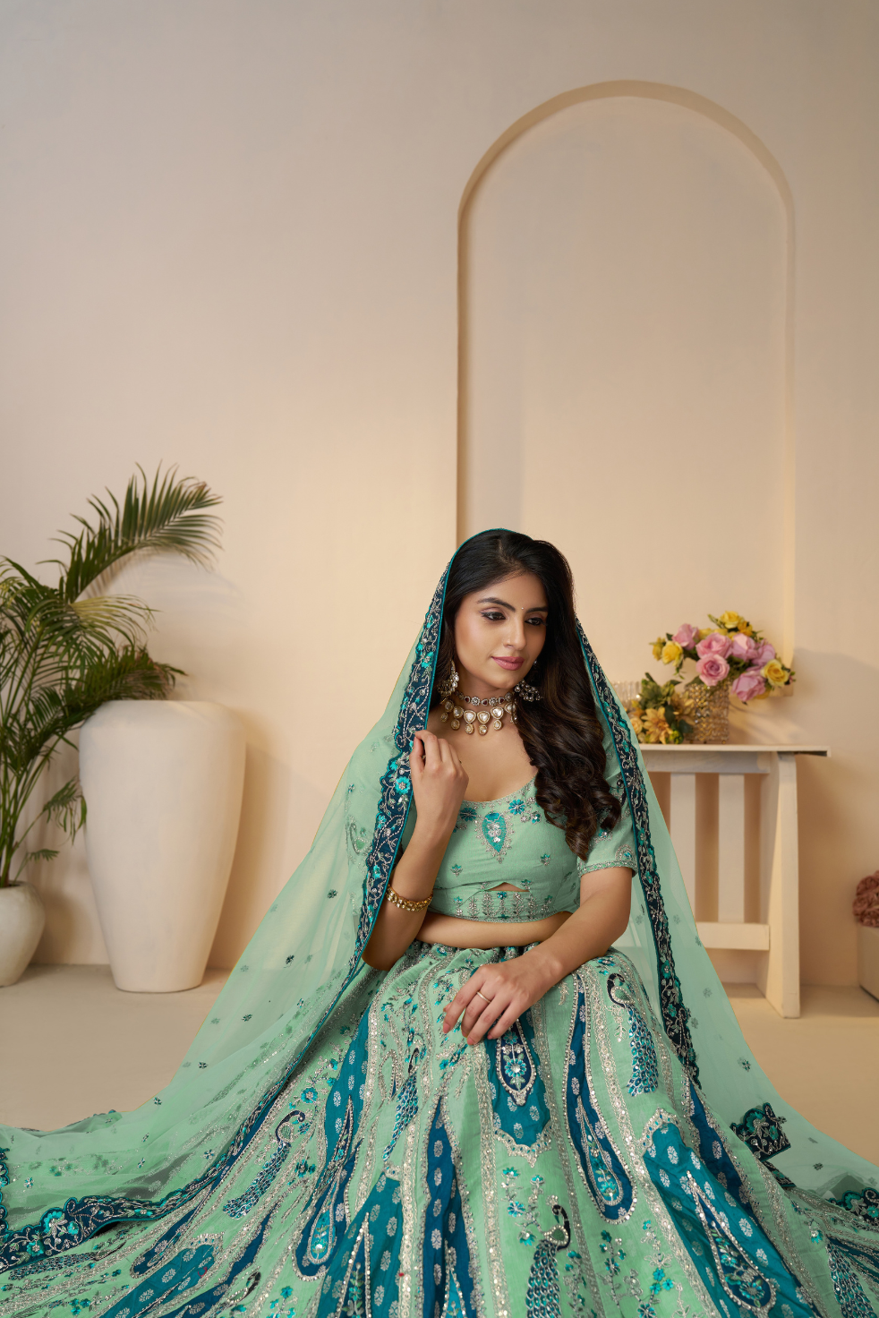 Royal Grandeur Sky Blue Bridal Lehenga with Paisley and Peacock Embroidery - qivii