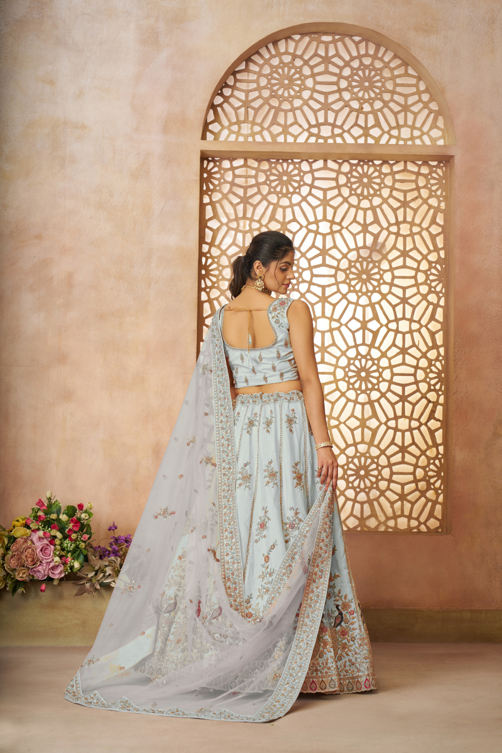 Sky Blue Sequins Chinon Reception Lehenga Choli - qivii