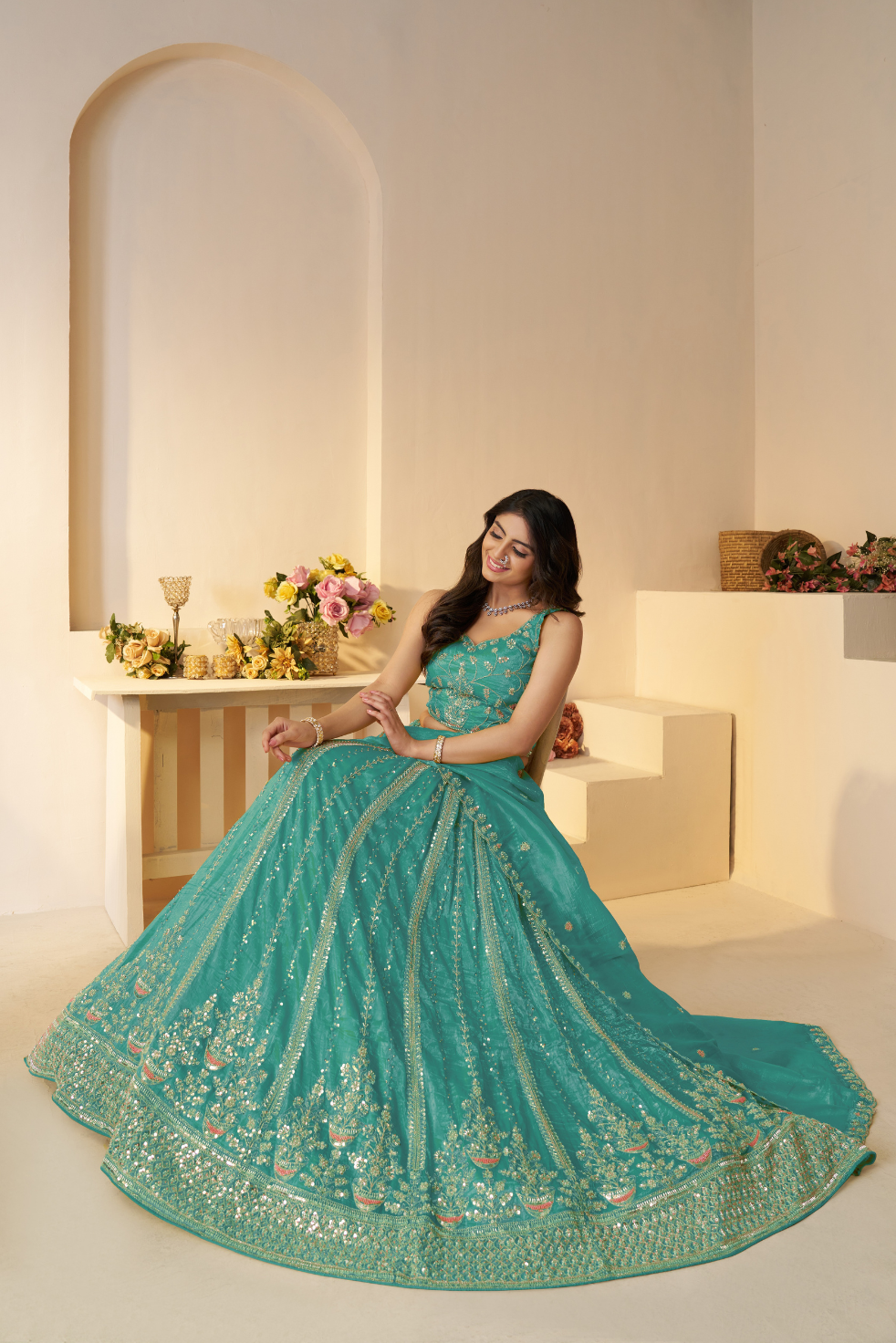 Sky Blue Silk Bridal Lehenga with Intricate Paisley Motifs and Embroidery - qivii