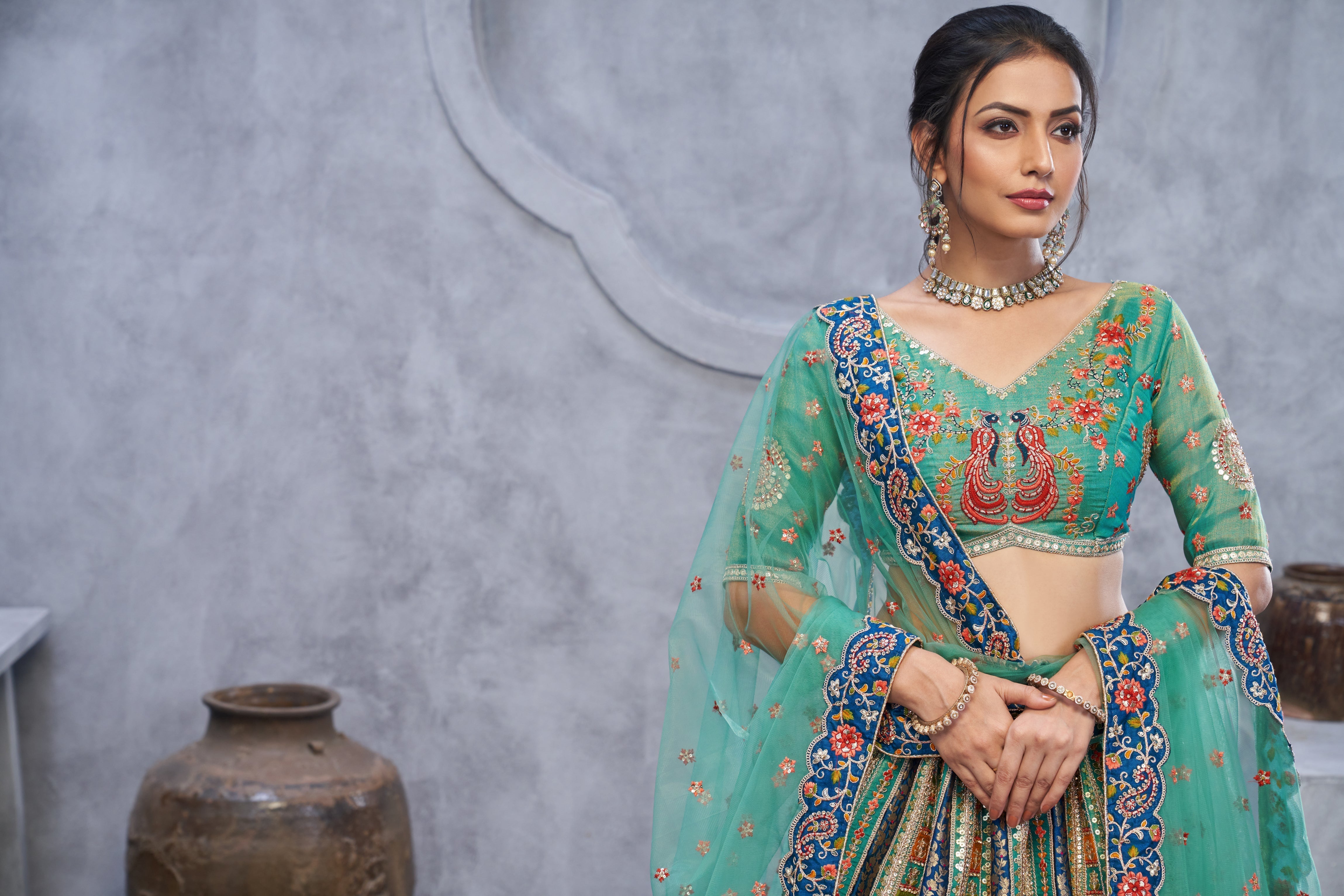 The Bagh Collection: Graceful Green Lehenga with Thread and Sequin Embellishments - qivii