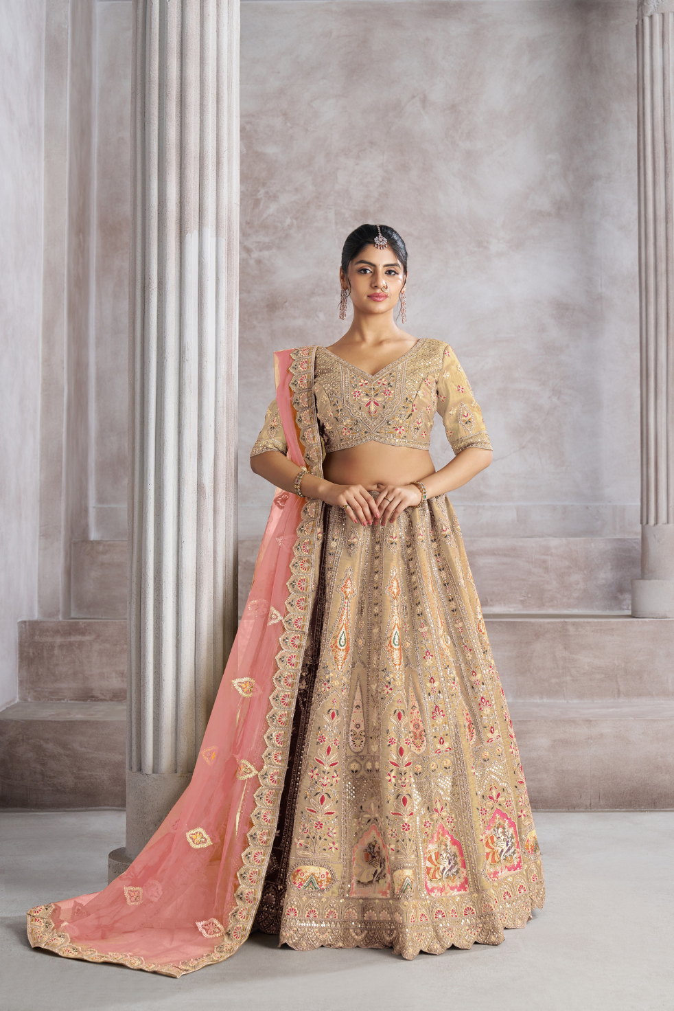 Trending Reception Wear Champagne/Chiku Color Lehenga with Patch Work - qivii