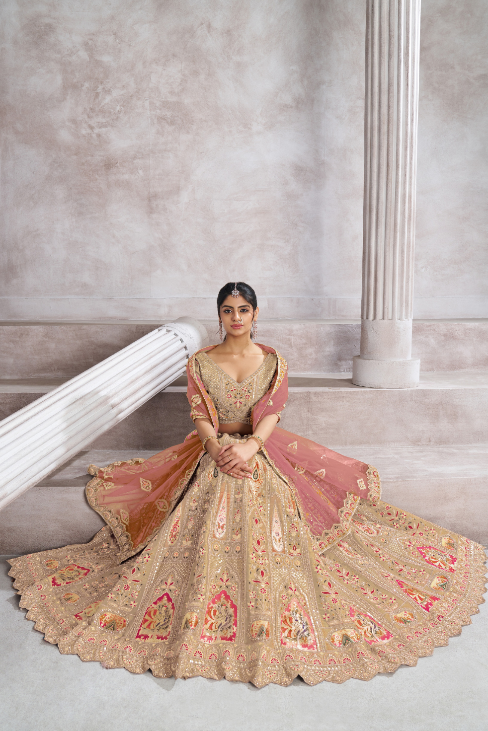 Trending Reception Wear Champagne/Chiku Color Lehenga with Patch Work - qivii