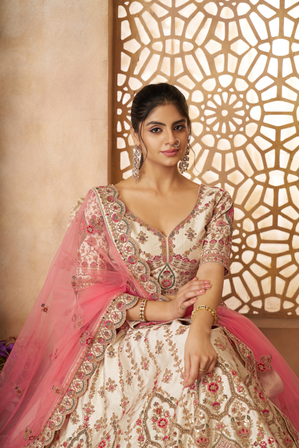 Whimsical White Imperial Patterned Bridal Lehenga - qivii