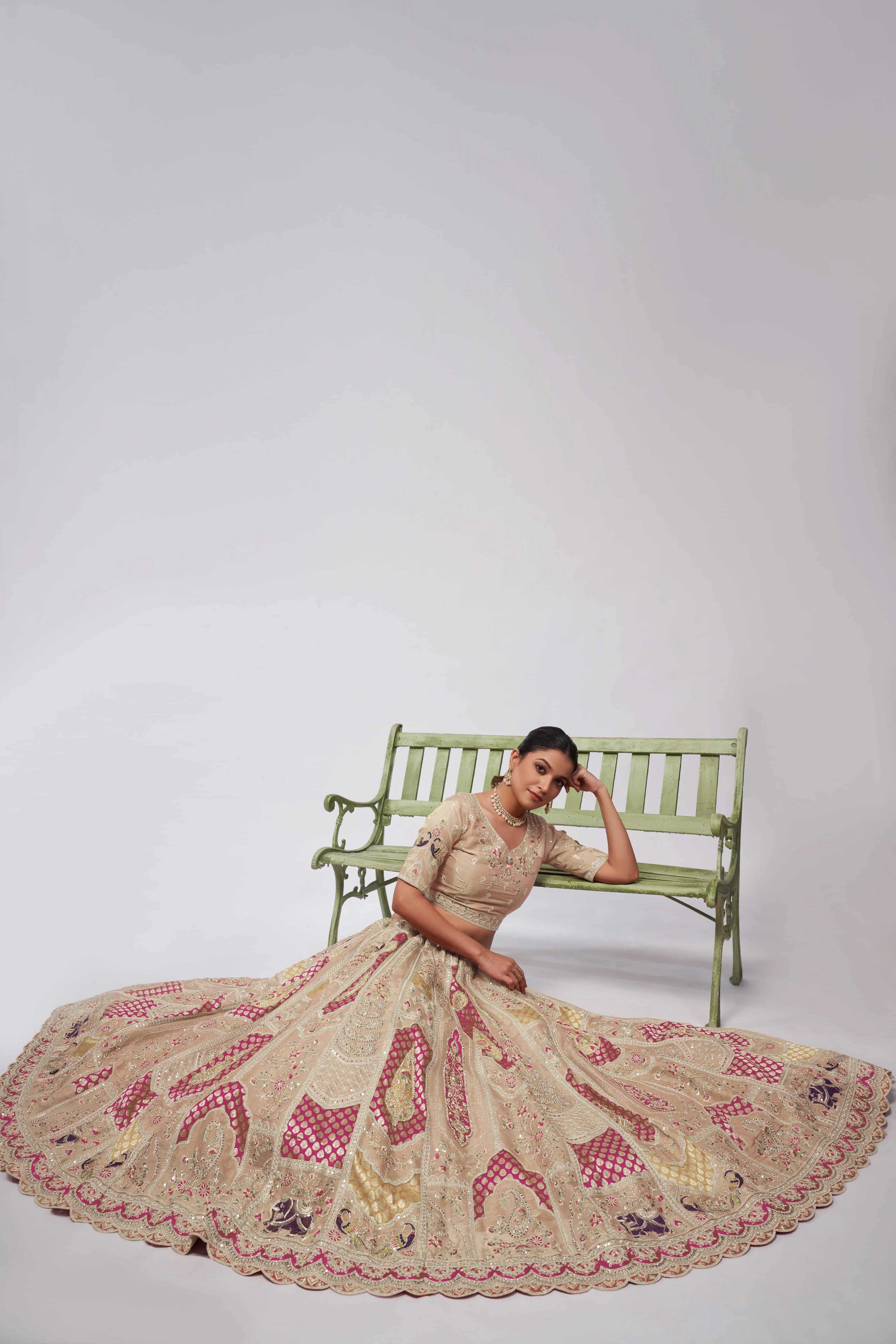 Pretty Pink paisley Motifs traditional embroidered wedding Lehenga - qivii