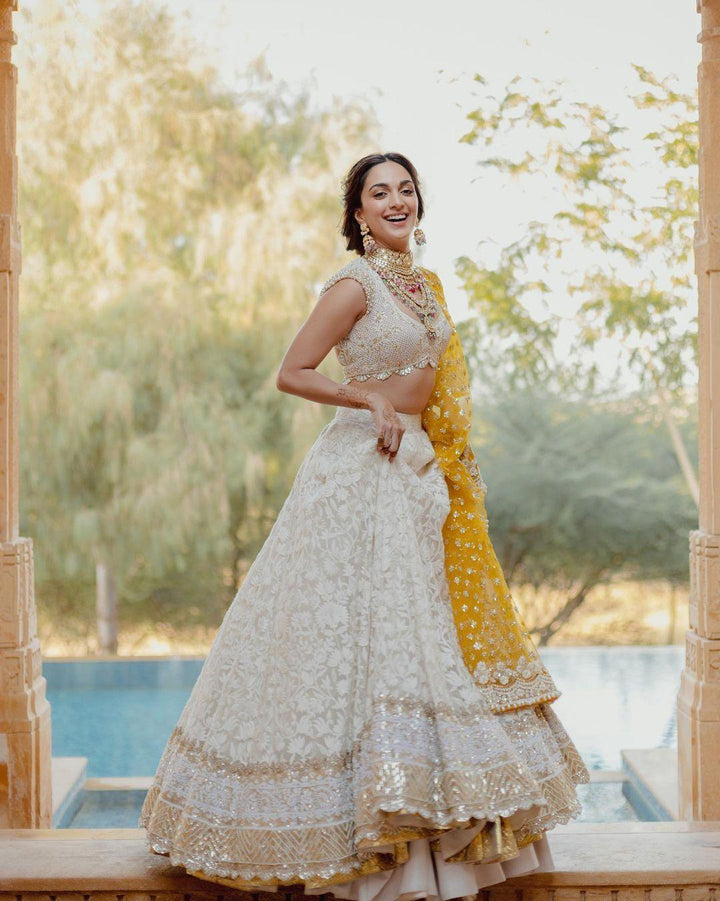 Kiara Advani Wear Heavy Wedding Wear White Designer Lehenga Choli (Fully Stitched) - Inspired