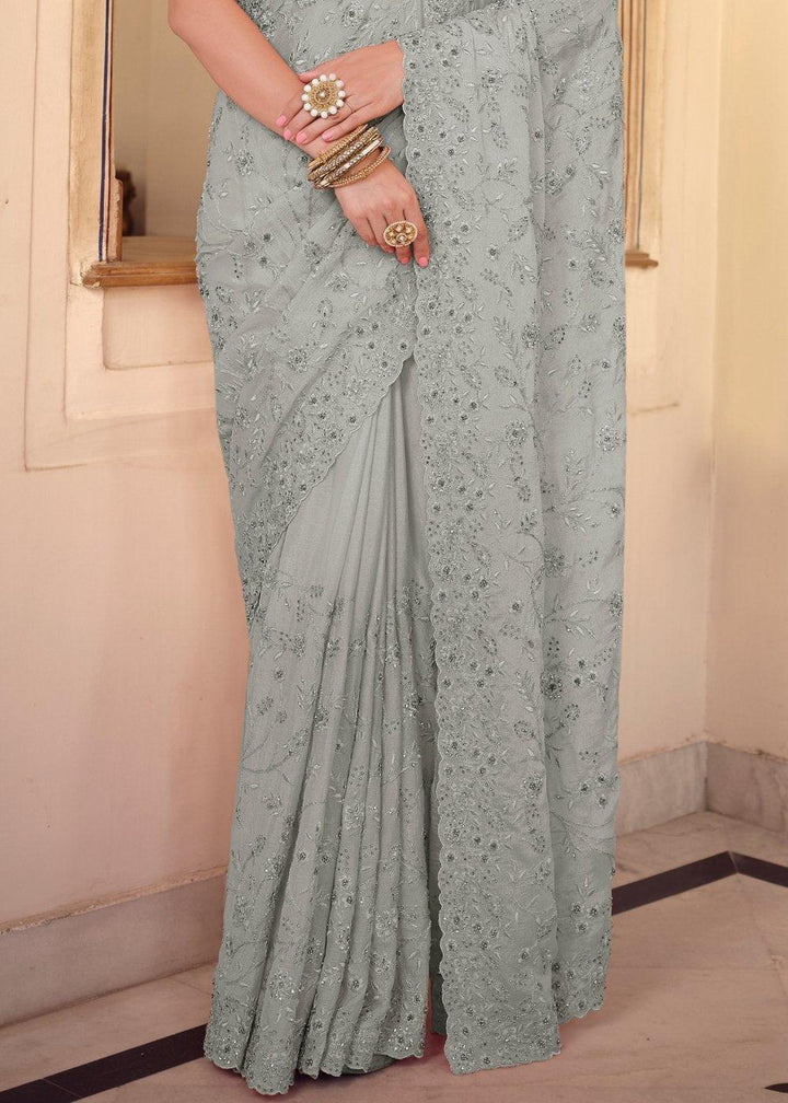 Koala Grey Designer Chiffon Saree with Dori & Sequins work | Stitched Blouse - qivii