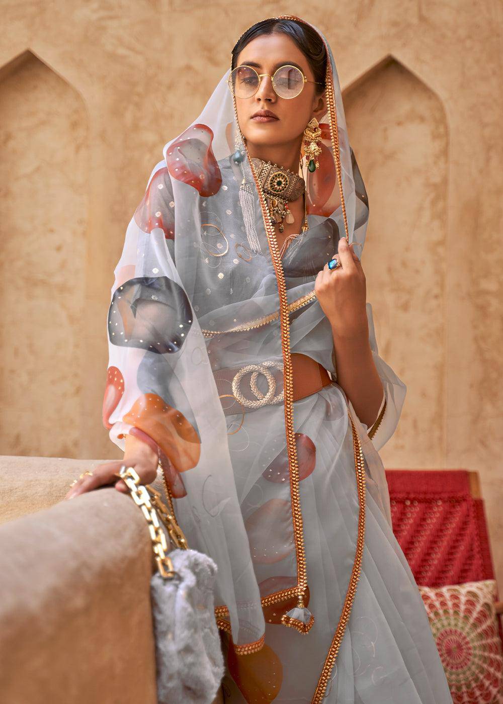 Koala Grey Digital Floral Print Organza Saree | Stitched Blouse - qivii